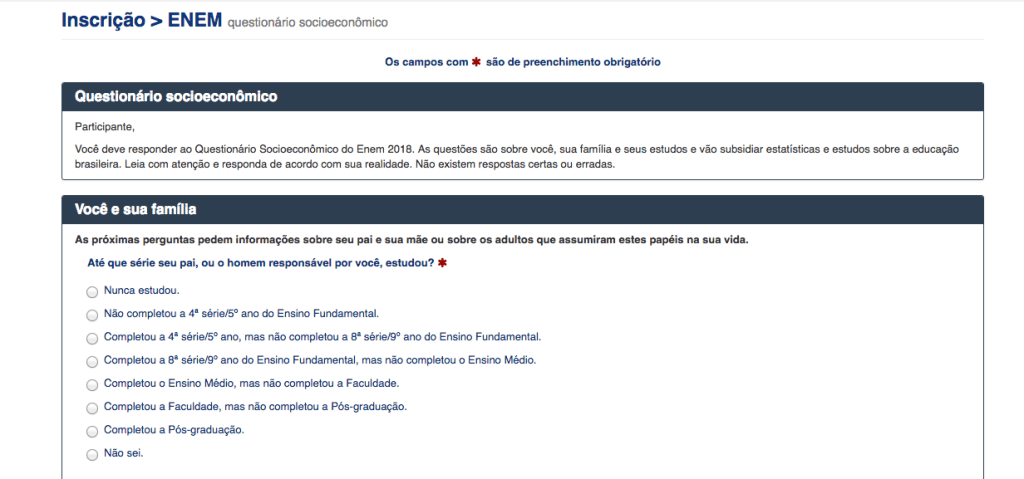 questionario enem 2018 Passo a passo para fazer a inscrição do Enem 2018