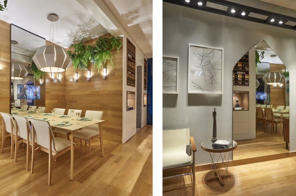 Sala de jantar e adega da CASACOR Minas marcada por 5 tons de madeira