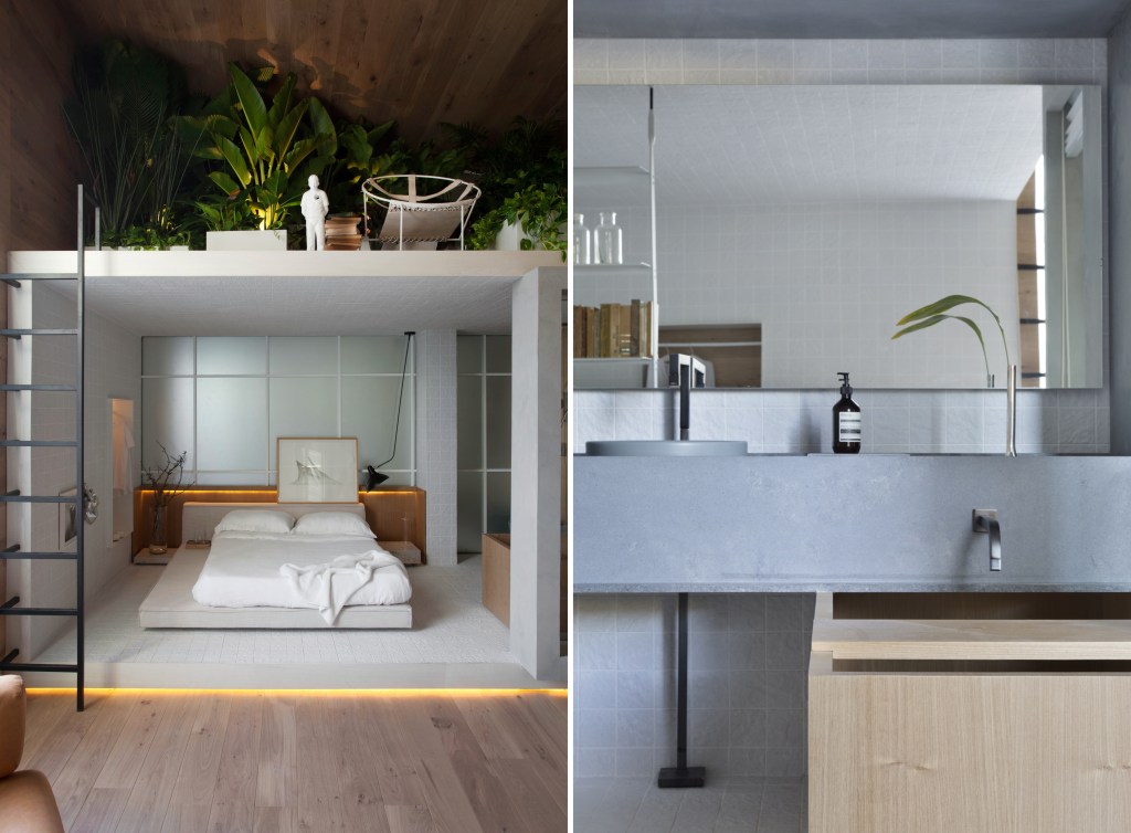 loft ninho – nildo josé CASACOR SP: caixa-mezanino abriga quarto, banheiro e jardim no Loft Ninho