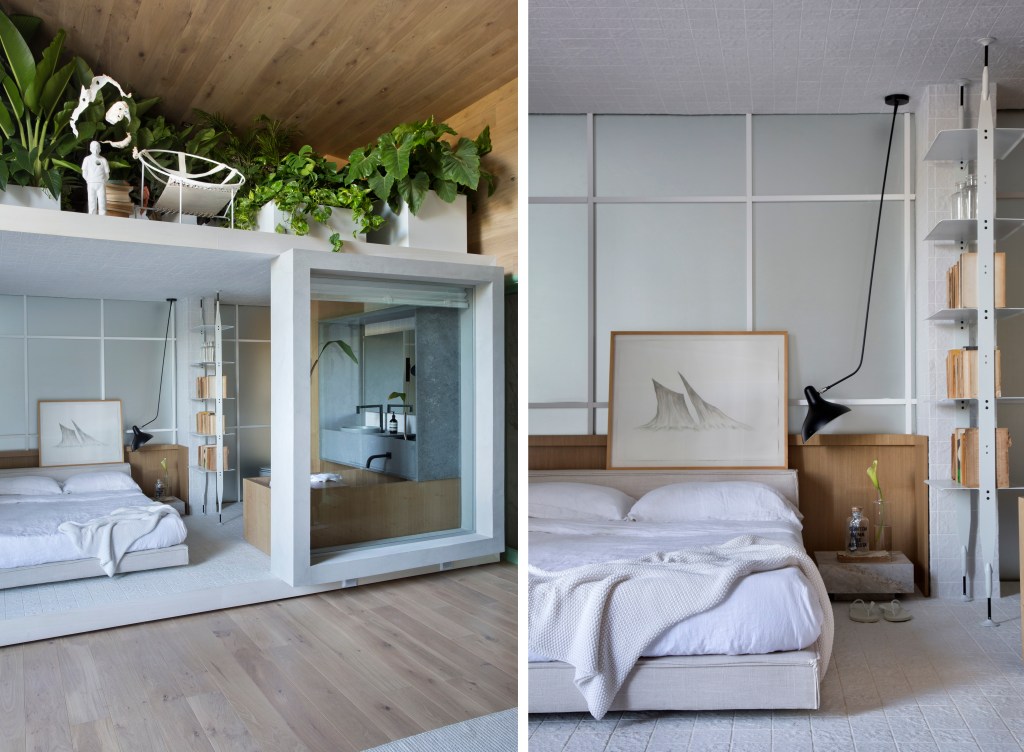 loft ninho CASACOR SP: caixa-mezanino abriga quarto, banheiro e jardim no Loft Ninho