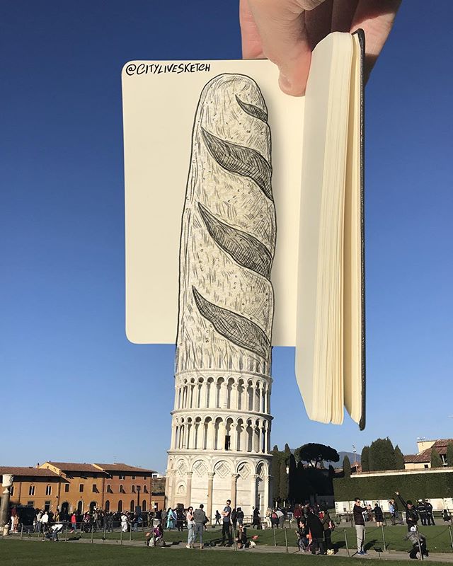 pisa Artista recria prédios históricos em esboços hiperrealistas